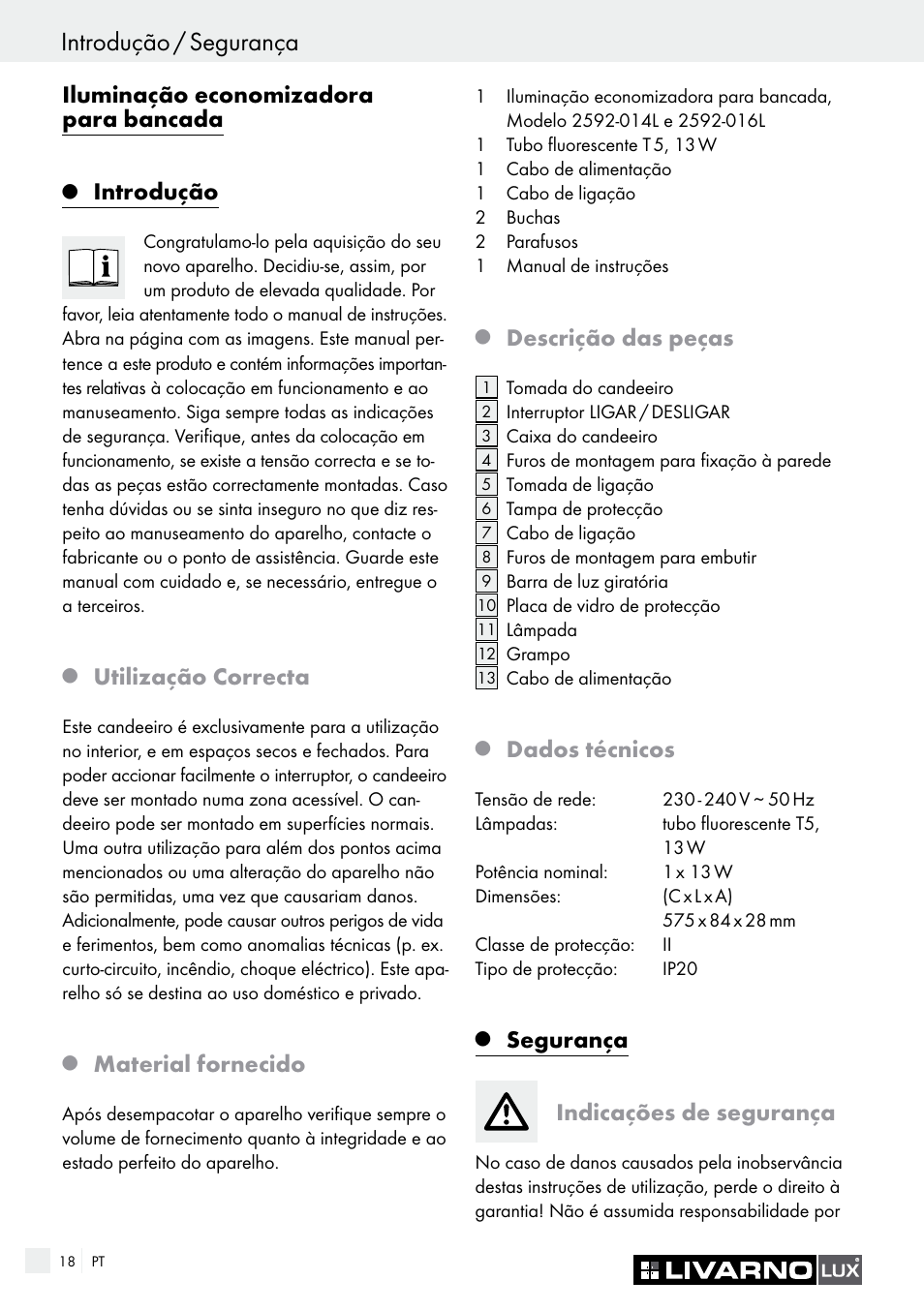 Introdução / segurança, Iluminação economizadora para bancada, Introdução | Utilização correcta, Material fornecido, Descrição das peças, Dados técnicos, Segurança, Indicações de segurança | Livarno 2592-014L or 2592-016L User Manual | Page 18 / 37