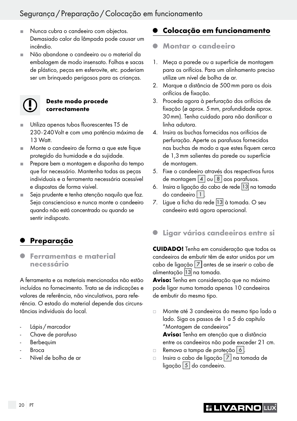 Preparação, Ferramentas e material necessário, Colocação em funcionamento | Montar o candeeiro, Ligar vários candeeiros entre si | Livarno 2592-014L or 2592-016L User Manual | Page 20 / 37