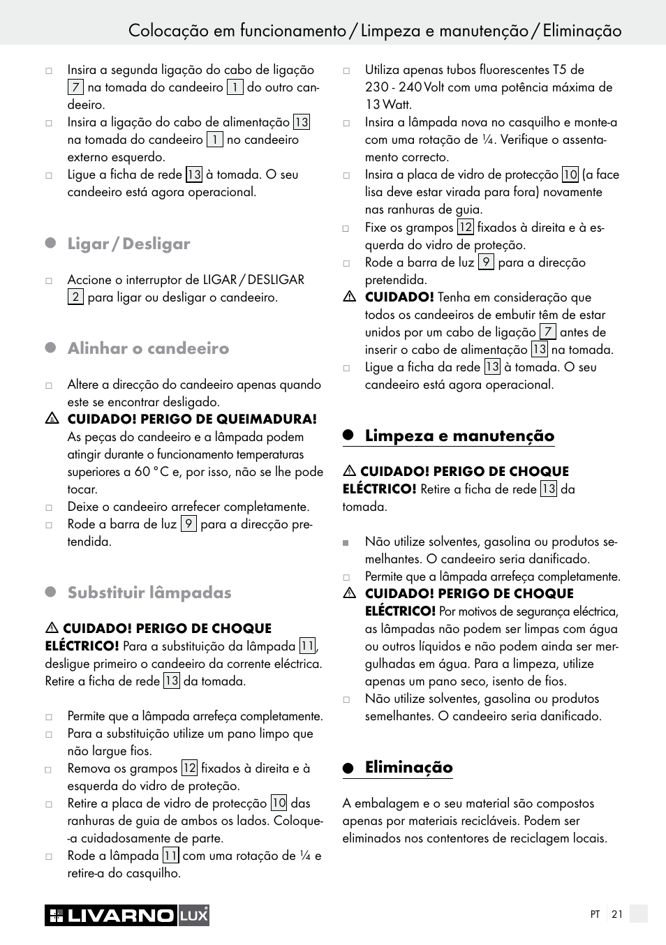 Ligar / desligar, Alinhar o candeeiro, Substituir lâmpadas | Limpeza e manutenção, Eliminação | Livarno 2592-014L or 2592-016L User Manual | Page 21 / 37