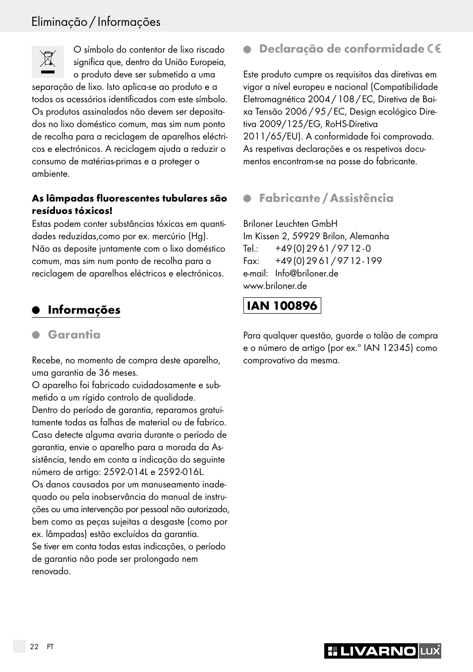 Eliminação / informações, Informações, Garantia | Declaração de conformidade, Fabricante / assistência | Livarno 2592-014L or 2592-016L User Manual | Page 22 / 37