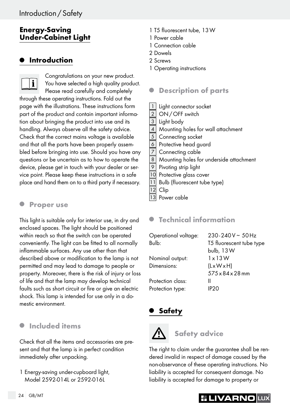 Introduction / safety, Energy-saving under-cabinet light, Introduction | Proper use, Included items, Description of parts, Technical information, Safety, Safety advice | Livarno 2592-014L or 2592-016L User Manual | Page 24 / 37