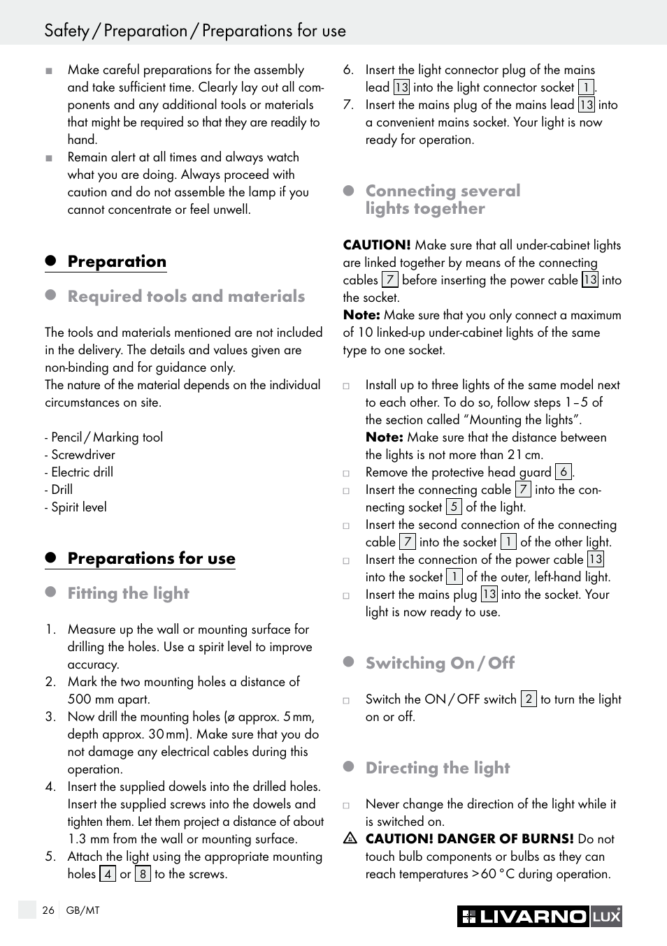 Safety / preparation / preparations for use, Preparation, Required tools and materials | Preparations for use, Fitting the light, Connecting several lights together, Switching on / off, Directing the light | Livarno 2592-014L or 2592-016L User Manual | Page 26 / 37