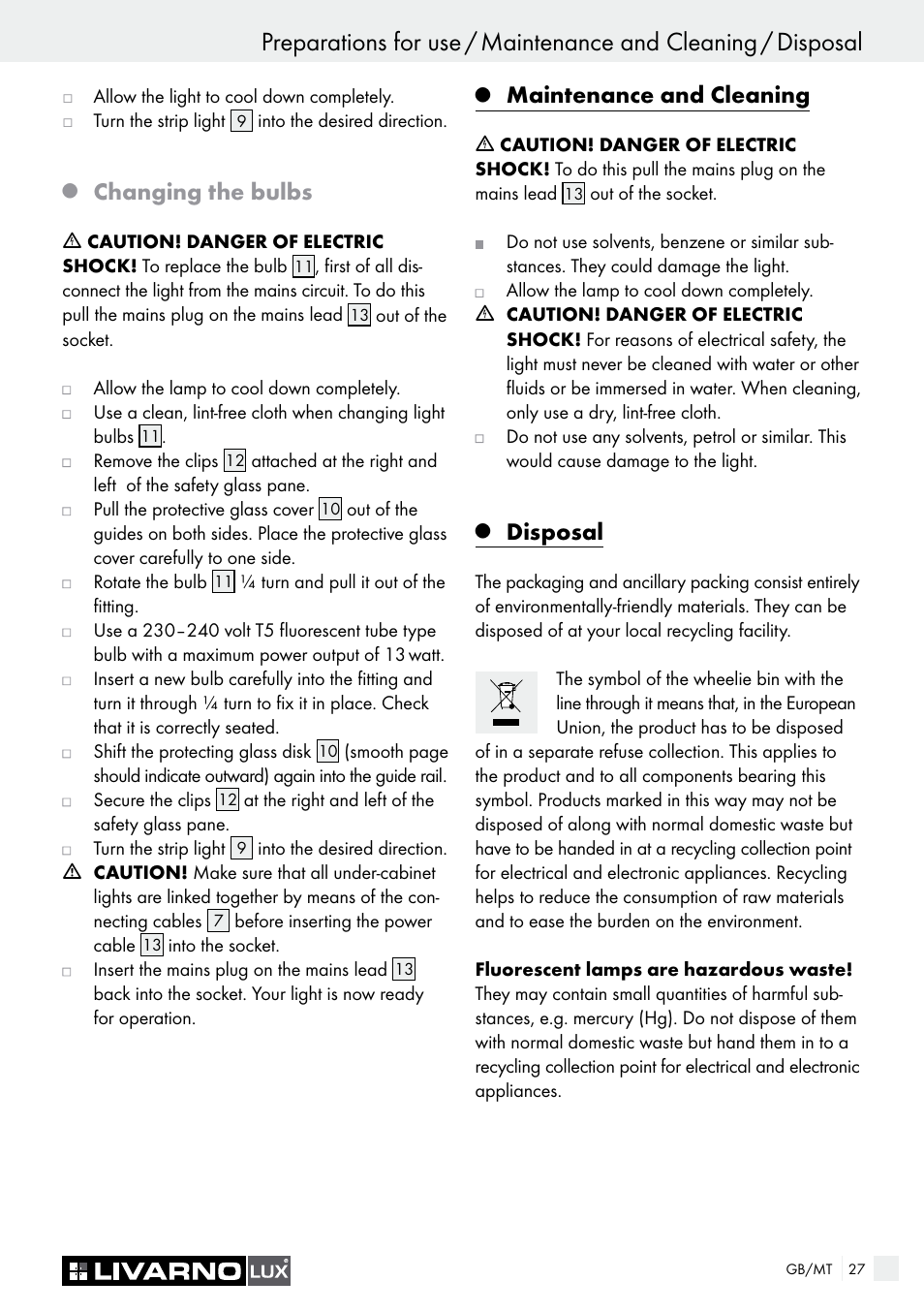 Changing the bulbs, Maintenance and cleaning, Disposal | Livarno 2592-014L or 2592-016L User Manual | Page 27 / 37