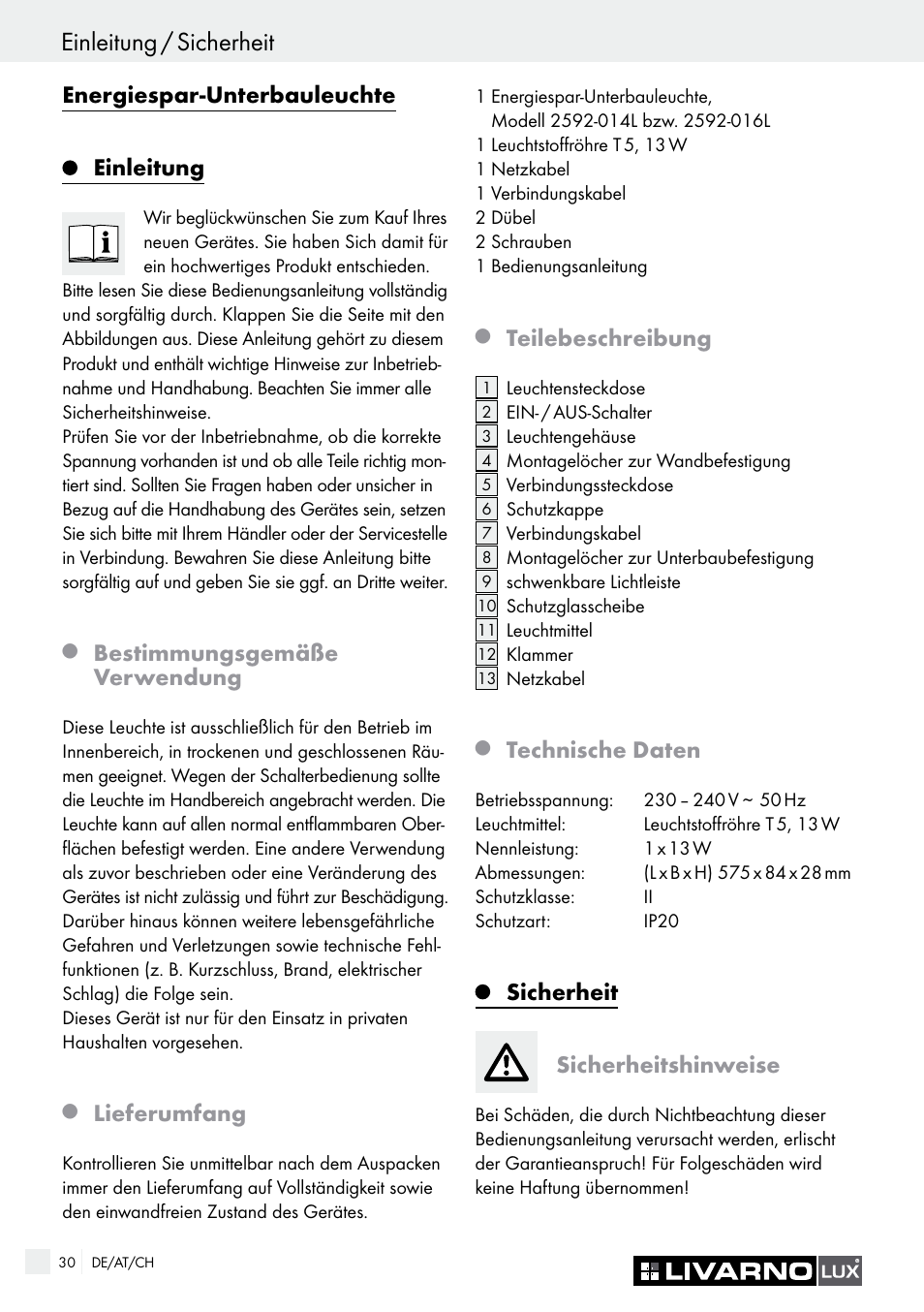 Einleitung / sicherheit, Energiespar-unterbauleuchte, Einleitung | Bestimmungsgemäße verwendung, Lieferumfang, Teilebeschreibung, Technische daten, Sicherheit, Sicherheitshinweise | Livarno 2592-014L or 2592-016L User Manual | Page 30 / 37