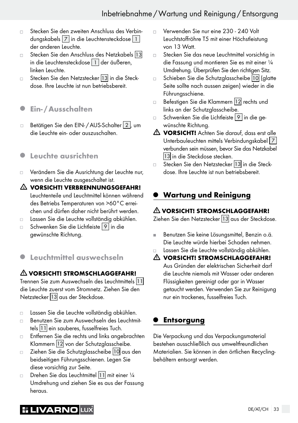 Ein- / ausschalten, Leuchte ausrichten, Leuchtmittel auswechseln | Wartung und reinigung, Entsorgung | Livarno 2592-014L or 2592-016L User Manual | Page 33 / 37
