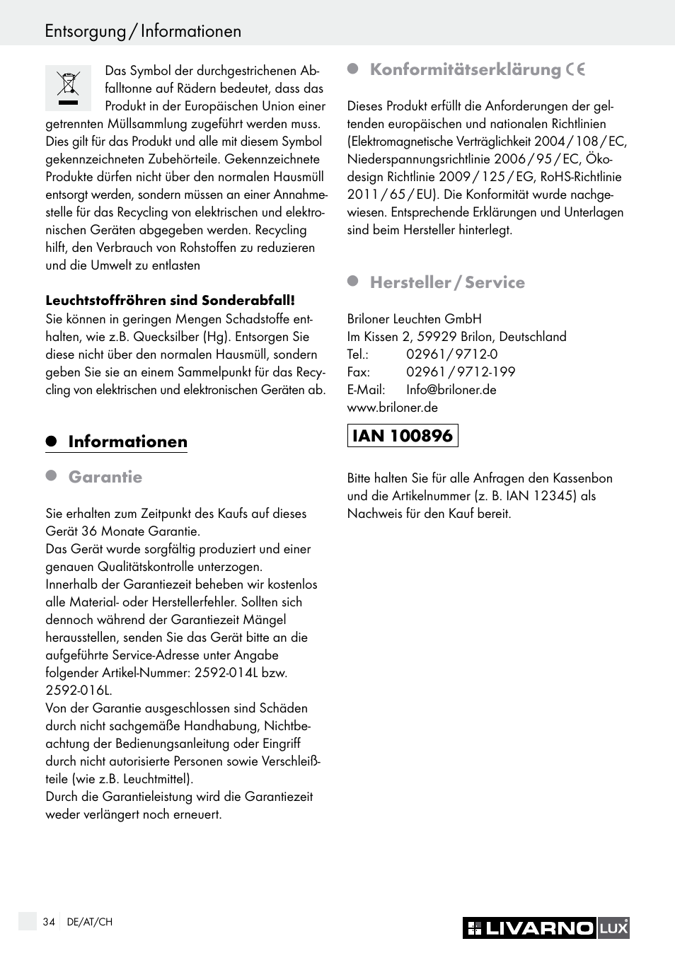 Entsorgung / informationen, Informationen, Garantie | Konformitätserklärung, Hersteller / service | Livarno 2592-014L or 2592-016L User Manual | Page 34 / 37