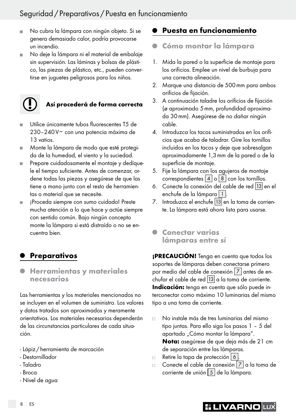 Preparativos, Herramientas y materiales necesarios, Puesta en funcionamiento | Cómo montar la lámpara, Conectar varias lámparas entre sí | Livarno 2592-014L or 2592-016L User Manual | Page 8 / 37