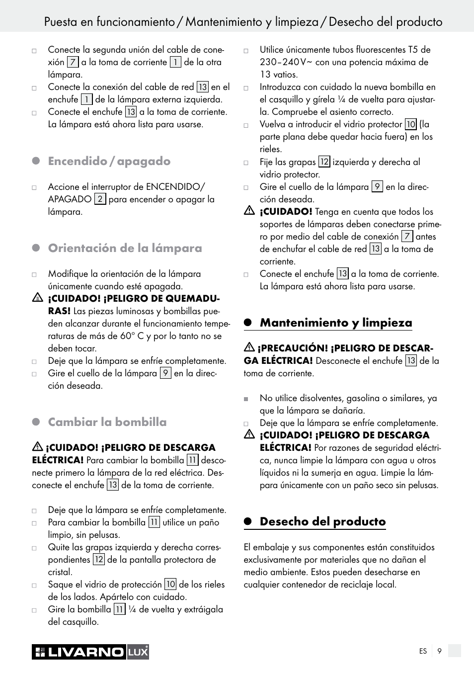 Encendido / apagado, Orientación de la lámpara, Cambiar la bombilla | Mantenimiento y limpieza, Desecho del producto | Livarno 2592-014L or 2592-016L User Manual | Page 9 / 37