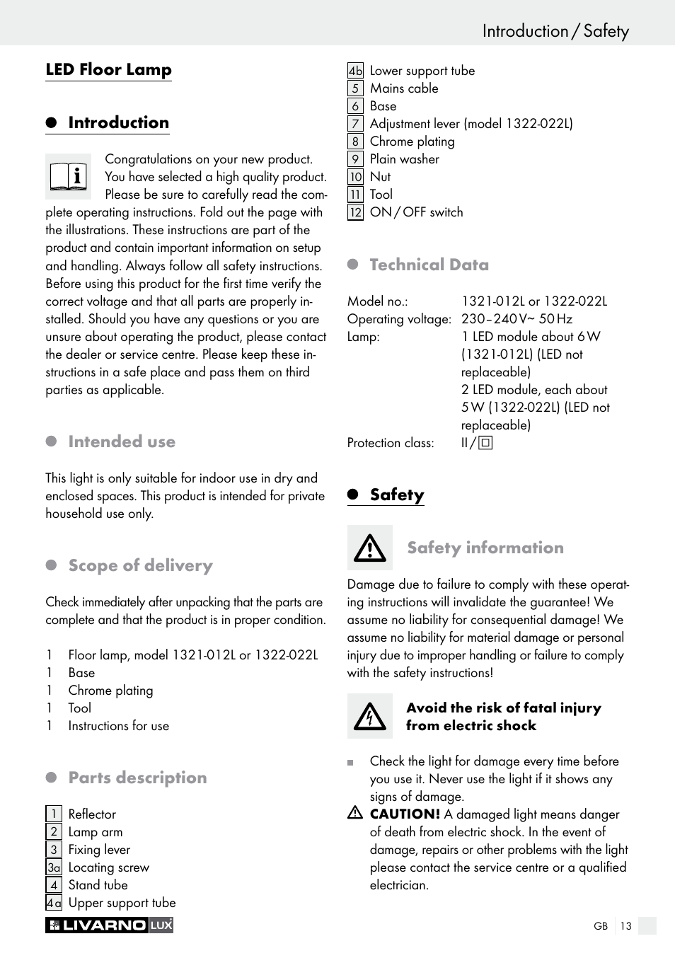 Informationen introduction / safety, Led floor lamp introduction, Intended use | Scope of delivery, Parts description, Technical data, Safety safety information | Livarno 1321-012L or 1322-022L User Manual | Page 13 / 17