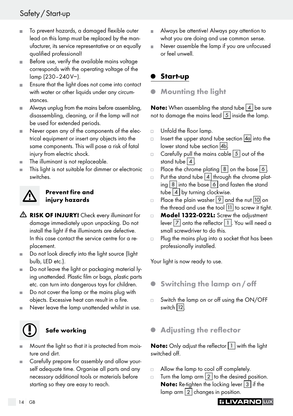 Switching the lamp on / off, Adjusting the reflector, Start-up mounting the light | Livarno 1321-012L or 1322-022L User Manual | Page 14 / 17
