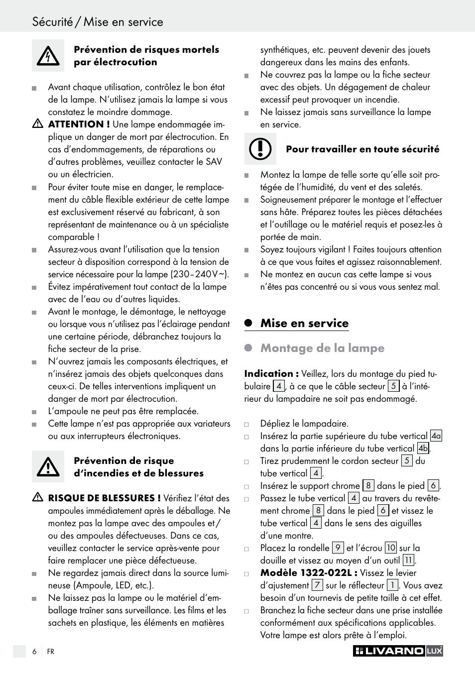 Mise en service montage de la lampe | Livarno 1321-012L or 1322-022L User Manual | Page 6 / 17