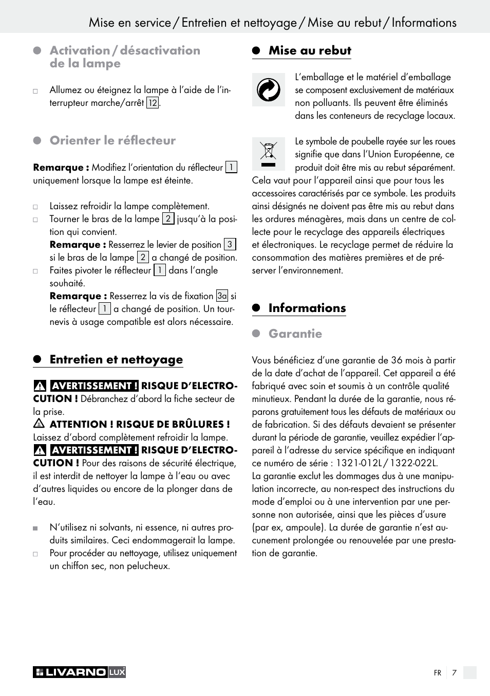 Activation / désactivation de la lampe, Orienter le réflecteur, Entretien et nettoyage | Mise au rebut, Informations garantie | Livarno 1321-012L or 1322-022L User Manual | Page 7 / 17