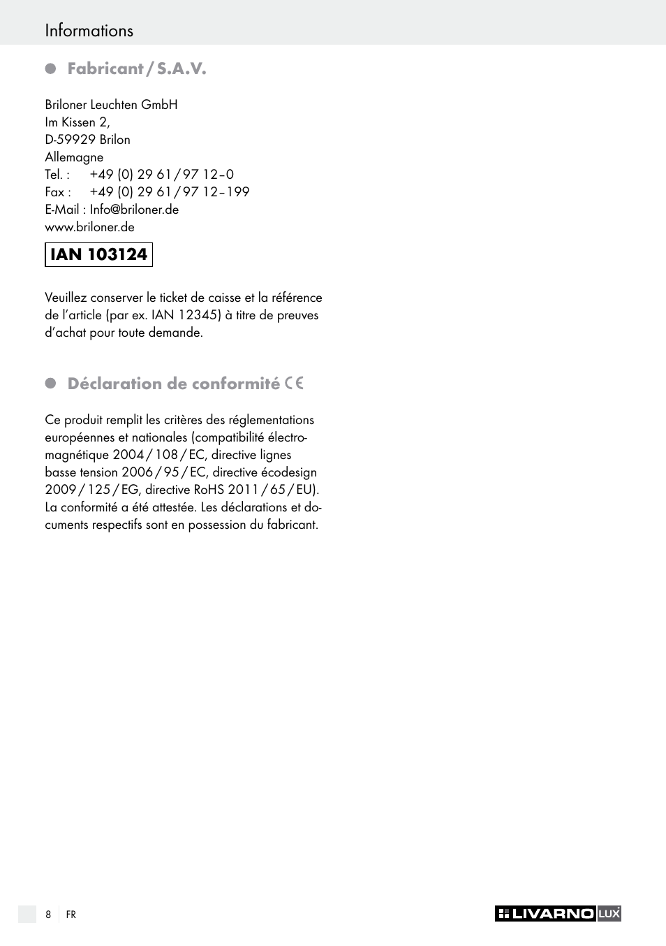 Informations, Einleitung / sicherheit | Livarno 1321-012L or 1322-022L User Manual | Page 8 / 17