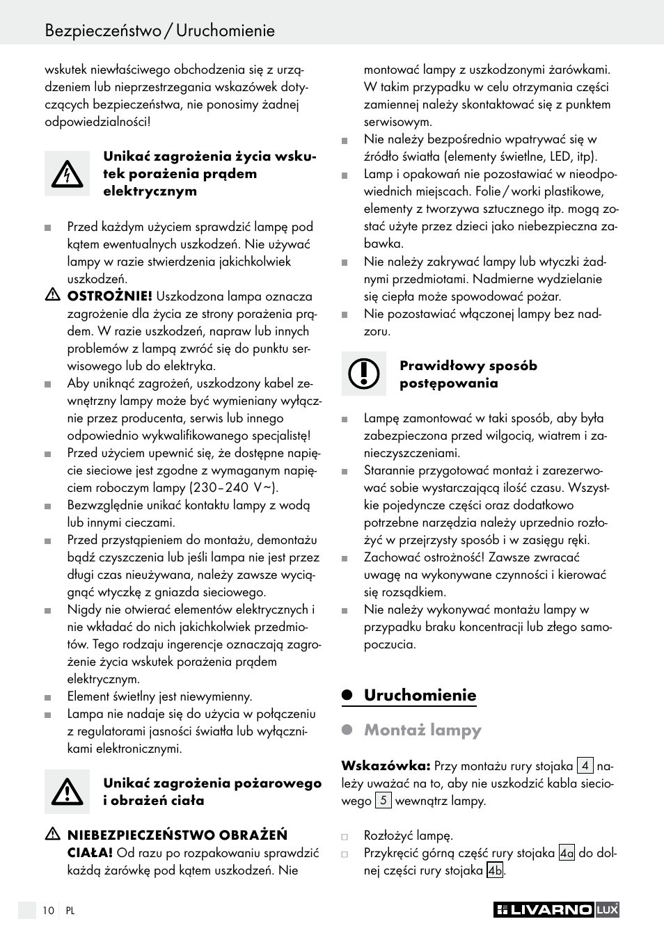 Uruchomienie montaż lampy | Livarno 1321-012L or 1322-022L User Manual | Page 10 / 25