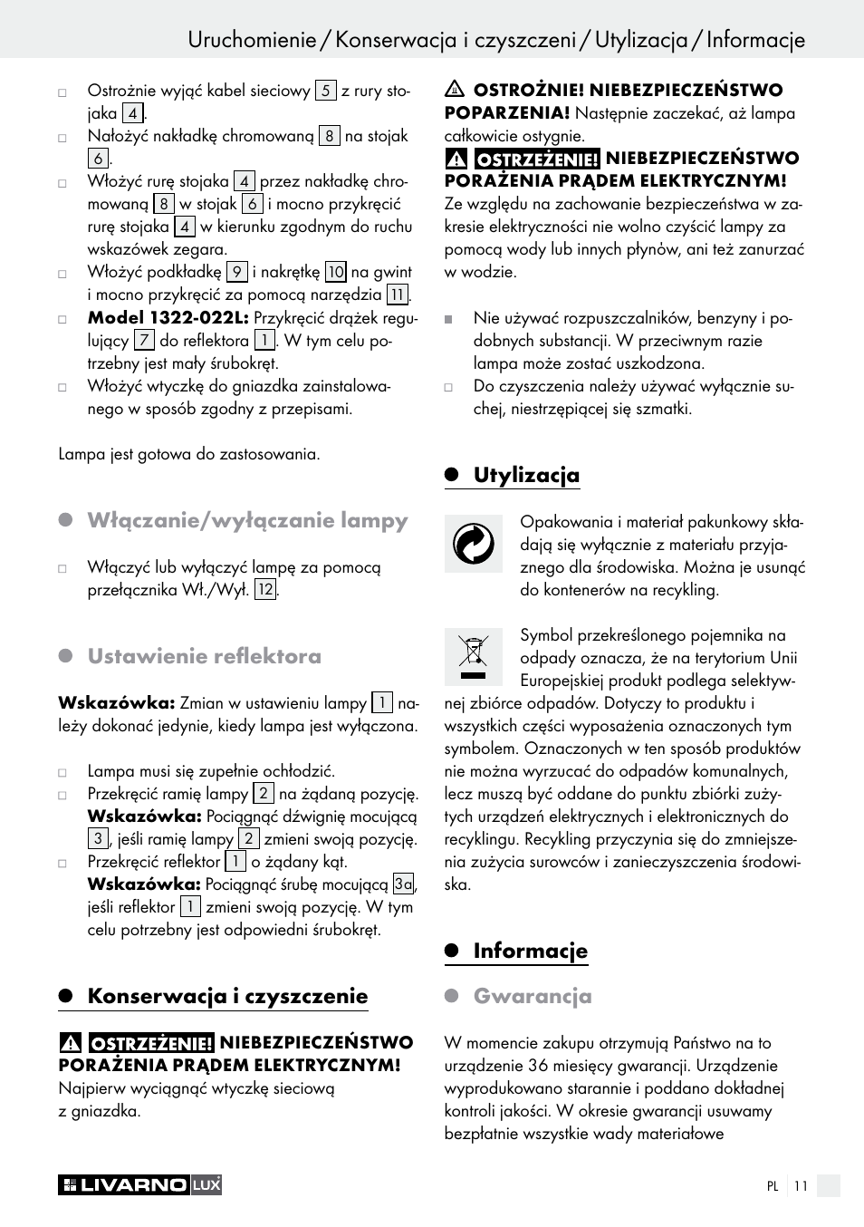 Włączanie/wyłączanie lampy, Ustawienie reflektora, Konserwacja i czyszczenie | Utylizacja, Informacje gwarancja | Livarno 1321-012L or 1322-022L User Manual | Page 11 / 25