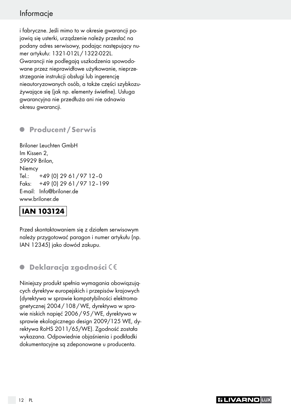 Informacje úvod / bezpečnost | Livarno 1321-012L or 1322-022L User Manual | Page 12 / 25