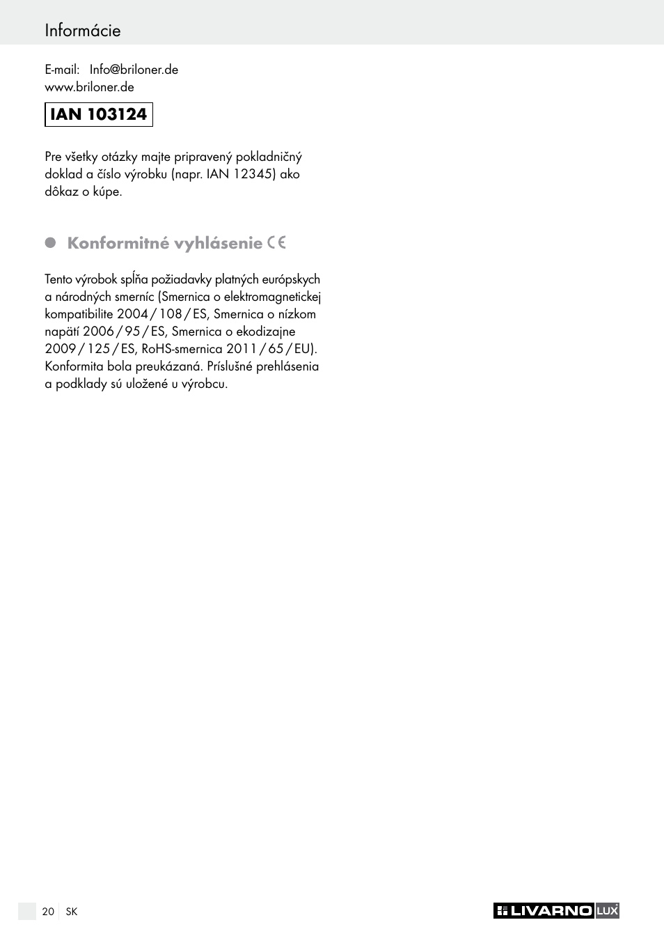 Informácie, Einleitung / sicherheit | Livarno 1321-012L or 1322-022L User Manual | Page 20 / 25