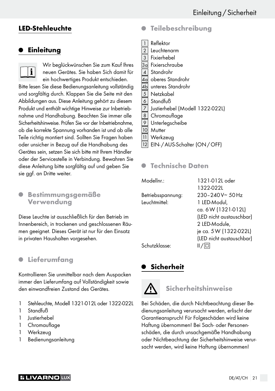 Informácie einleitung / sicherheit, Led-stehleuchte einleitung, Bestimmungsgemäße verwendung | Lieferumfang, Teilebeschreibung, Technische daten, Sicherheit sicherheitshinweise | Livarno 1321-012L or 1322-022L User Manual | Page 21 / 25