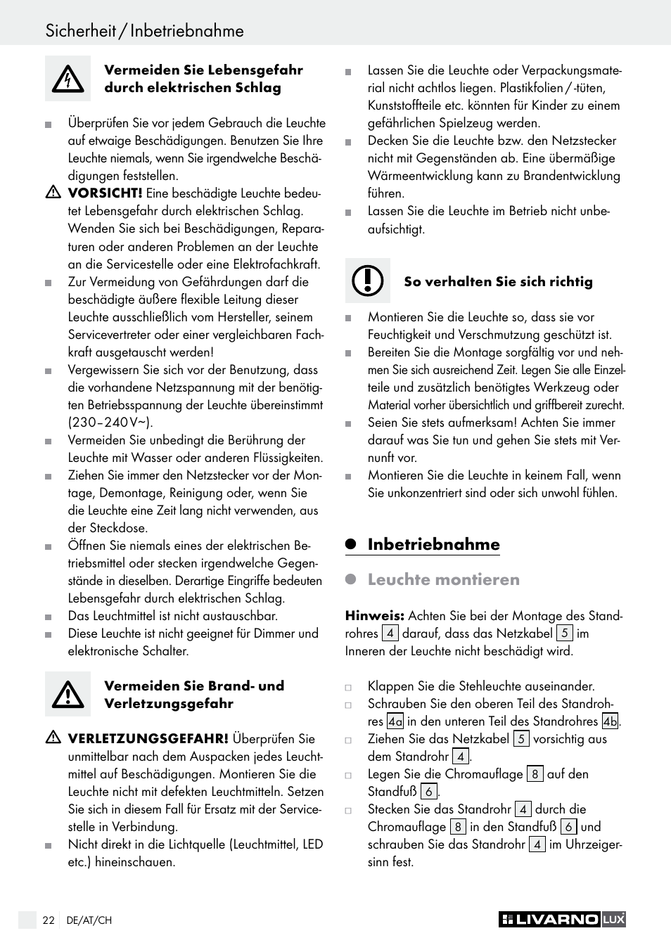 Inbetriebnahme leuchte montieren | Livarno 1321-012L or 1322-022L User Manual | Page 22 / 25