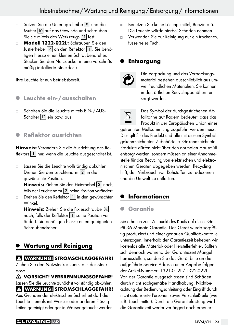 Leuchte ein- / ausschalten, Reflektor ausrichten, Wartung und reinigung | Entsorgung, Informationen garantie | Livarno 1321-012L or 1322-022L User Manual | Page 23 / 25