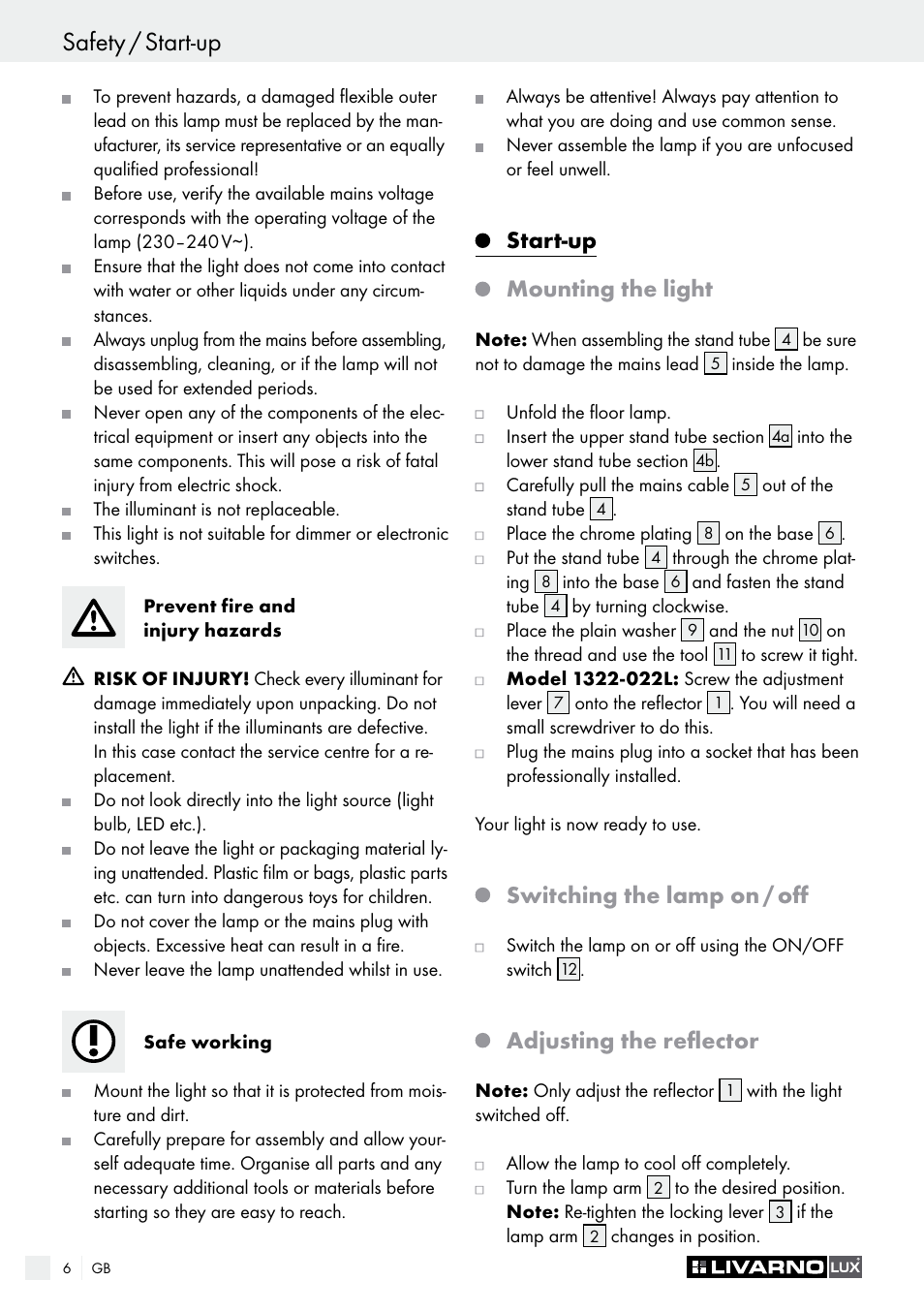 Switching the lamp on / off, Adjusting the reflector, Start-up mounting the light | Livarno 1321-012L or 1322-022L User Manual | Page 6 / 25