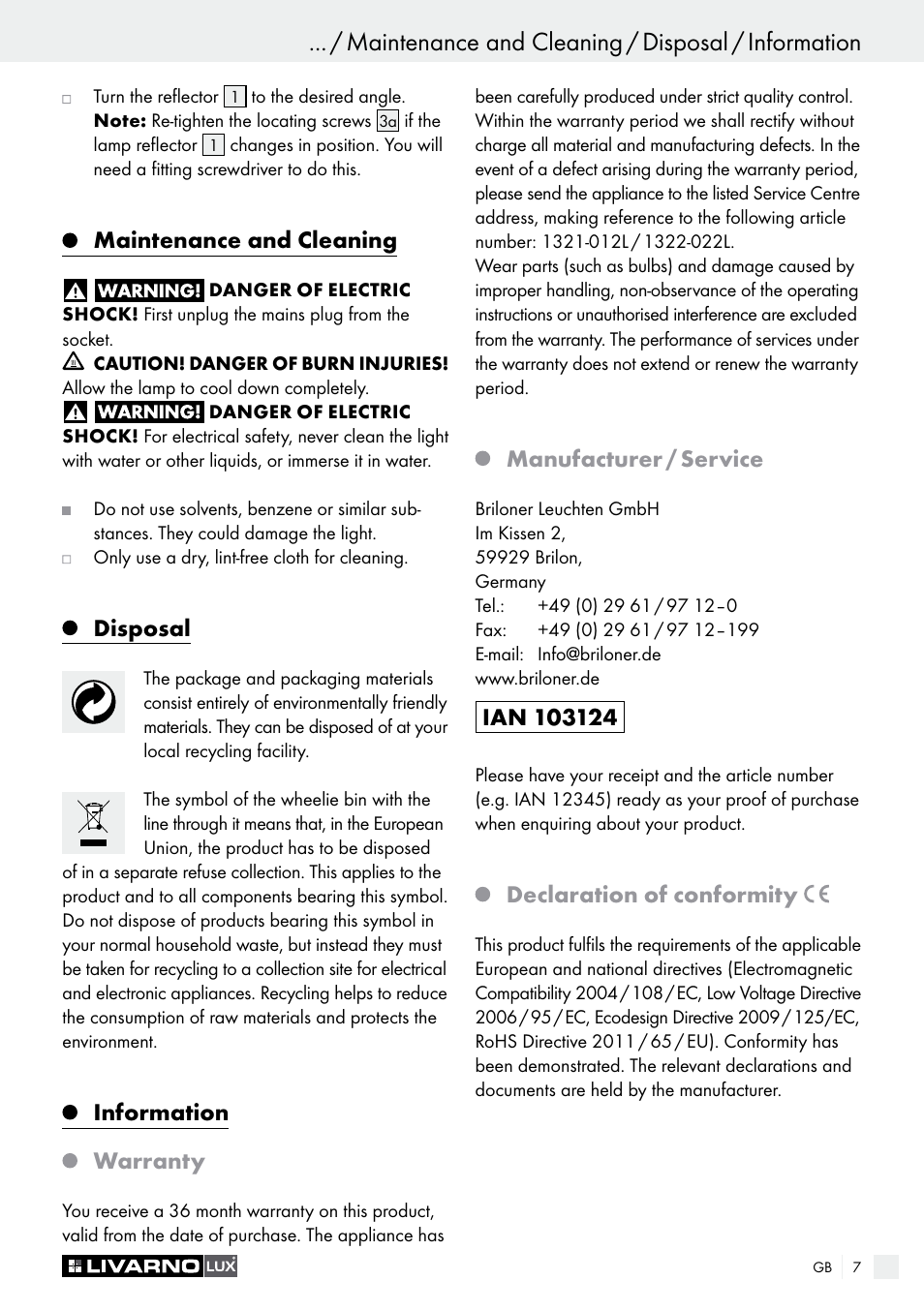 Maintenance and cleaning / disposal / information, Safety / start-up, Maintenance and cleaning | Disposal, Information warranty, Manufacturer / service, Declaration of conformity | Livarno 1321-012L or 1322-022L User Manual | Page 7 / 25