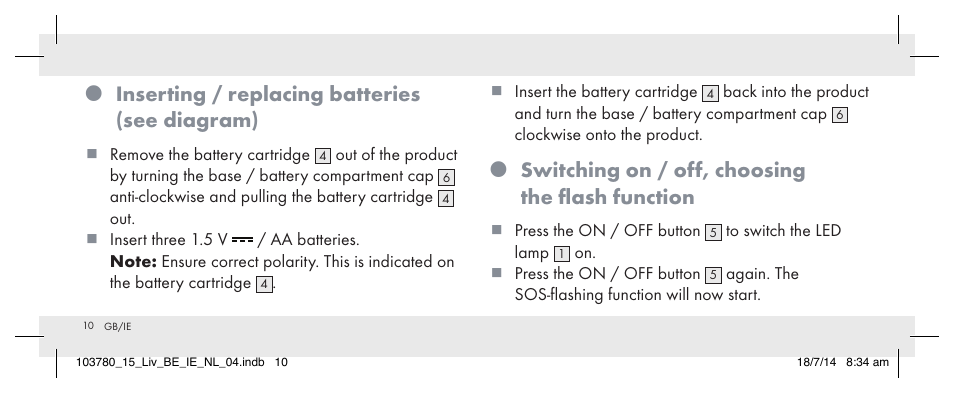 Inserting / replacing batteries (see diagram), Switching on / off, choosing the flash function | Livarno 103780-14-01 User Manual | Page 10 / 86