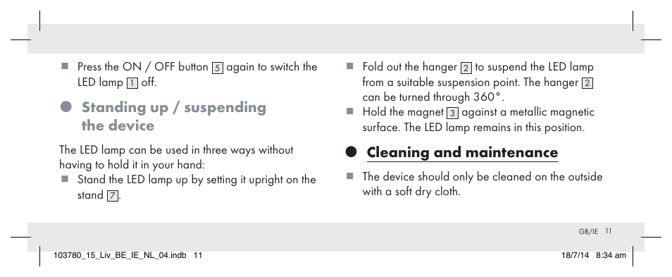 Standing up / suspending the device, Cleaning and maintenance | Livarno 103780-14-01 User Manual | Page 11 / 86