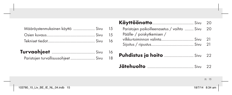 Turvaohjeet, Käyttöönotto, Puhdistus ja hoito | Jätehuolto | Livarno 103780-14-01 User Manual | Page 15 / 86