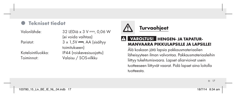 Tekniset tiedot, Turvaohjeet | Livarno 103780-14-01 User Manual | Page 17 / 86