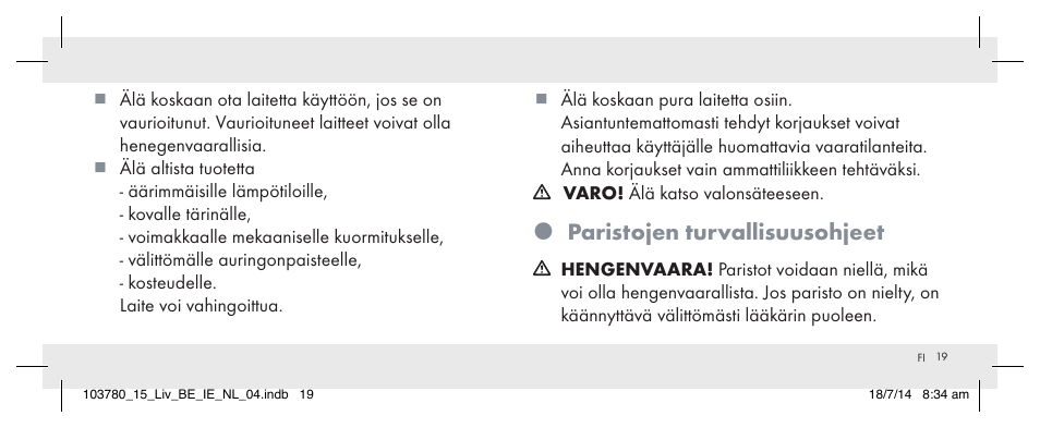 Paristojen turvallisuusohjeet | Livarno 103780-14-01 User Manual | Page 19 / 86