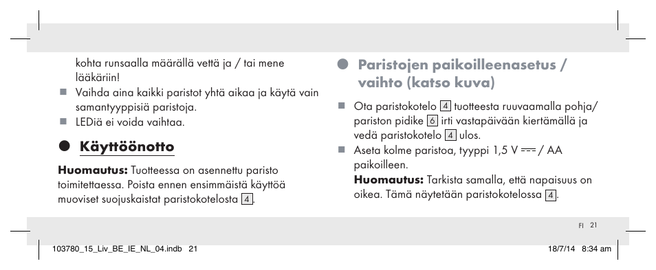 Käyttöönotto, Paristojen paikoilleenasetus / vaihto (katso kuva) | Livarno 103780-14-01 User Manual | Page 21 / 86