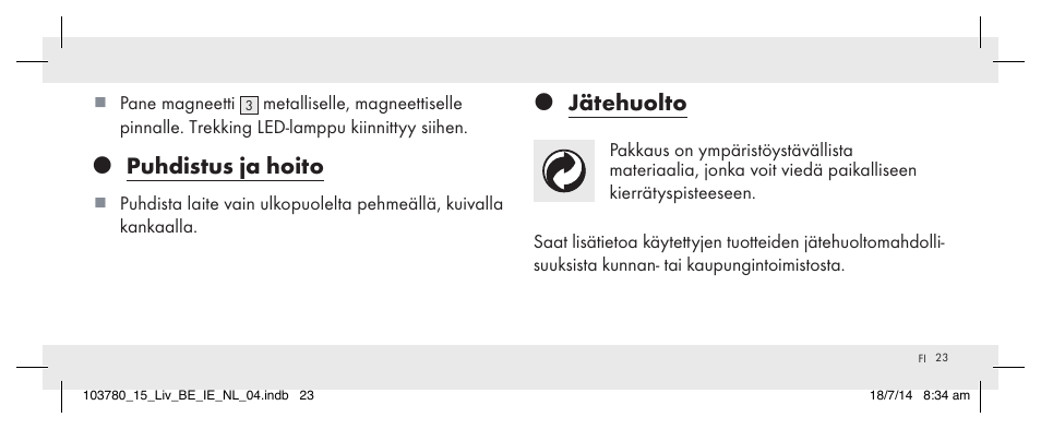 Puhdistus ja hoito, Jätehuolto | Livarno 103780-14-01 User Manual | Page 23 / 86