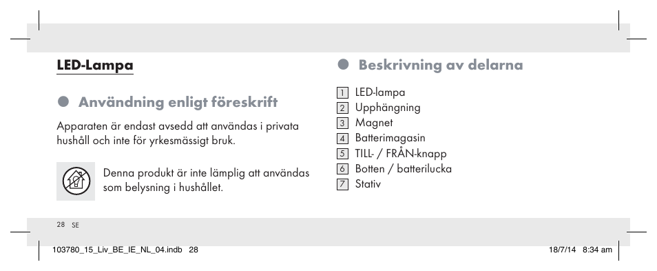 Beskrivning av delarna, Led-lampa  användning enligt föreskrift | Livarno 103780-14-01 User Manual | Page 28 / 86