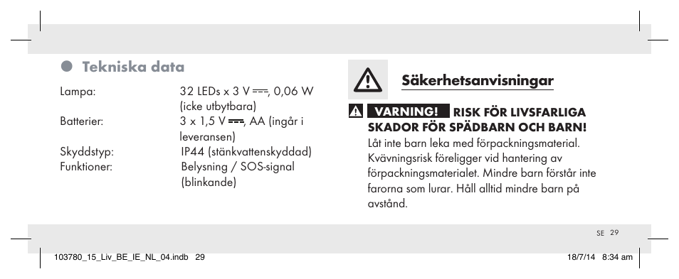 Tekniska data, Säkerhetsanvisningar | Livarno 103780-14-01 User Manual | Page 29 / 86