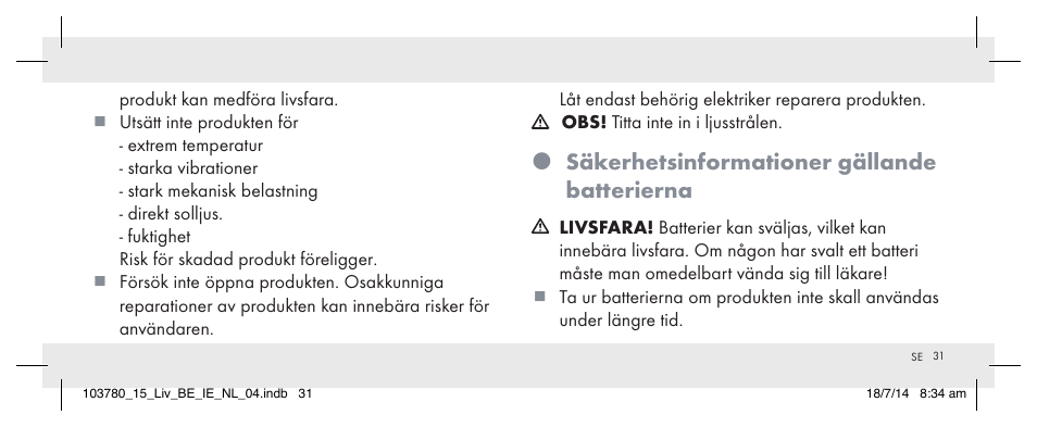 Säkerhetsinformationer gällande batterierna | Livarno 103780-14-01 User Manual | Page 31 / 86
