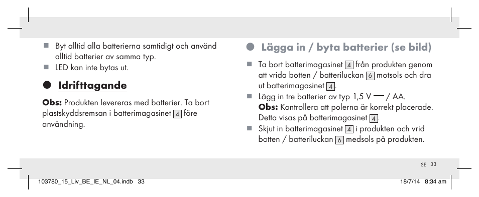 Idrifttagande, Lägga in / byta batterier (se bild) | Livarno 103780-14-01 User Manual | Page 33 / 86