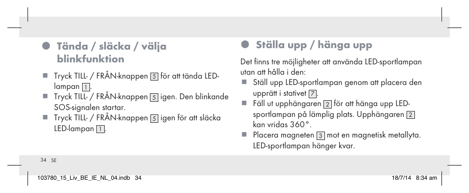 Tända / släcka / välja blinkfunktion, Ställa upp / hänga upp | Livarno 103780-14-01 User Manual | Page 34 / 86