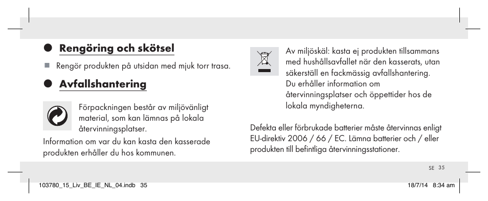 Rengöring och skötsel, Avfallshantering | Livarno 103780-14-01 User Manual | Page 35 / 86