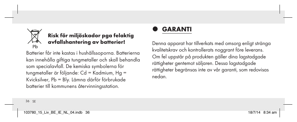 Garanti | Livarno 103780-14-01 User Manual | Page 36 / 86