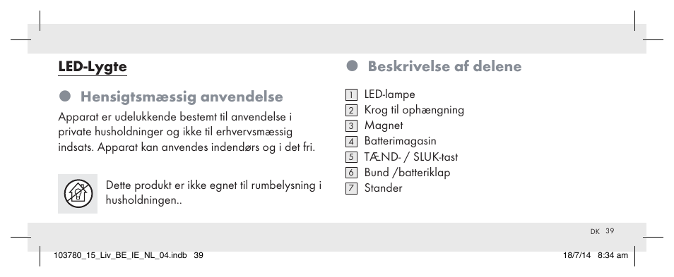 Beskrivelse af delene, Led-lygte  hensigtsmæssig anvendelse | Livarno 103780-14-01 User Manual | Page 39 / 86
