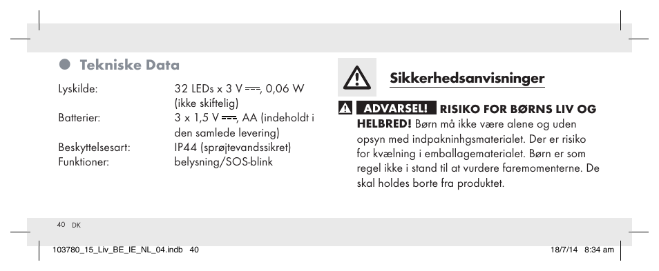 Tekniske data, Sikkerhedsanvisninger | Livarno 103780-14-01 User Manual | Page 40 / 86
