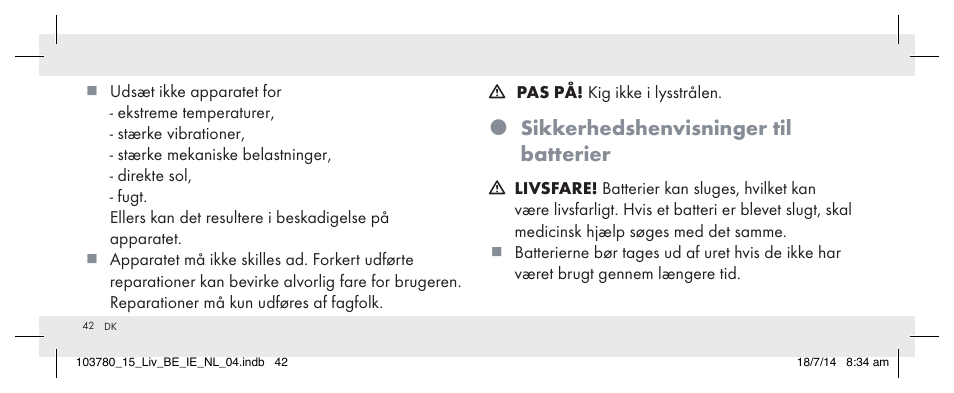 Sikkerhedshenvisninger til batterier | Livarno 103780-14-01 User Manual | Page 42 / 86