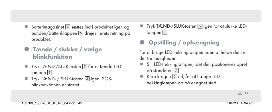 Tænde / slukke / vælge blinkfunktion, Opstilling / ophængning | Livarno 103780-14-01 User Manual | Page 45 / 86