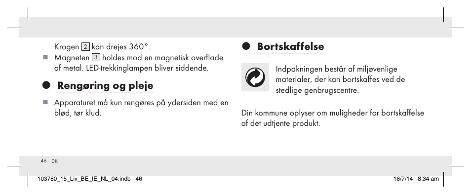 Rengøring og pleje, Bortskaffelse | Livarno 103780-14-01 User Manual | Page 46 / 86