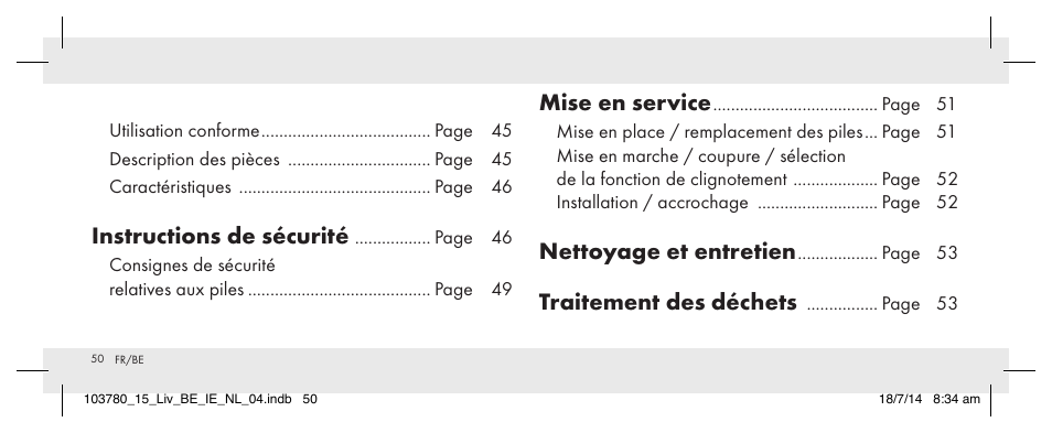 Instructions de sécurité, Mise en service, Nettoyage et entretien | Traitement des déchets | Livarno 103780-14-01 User Manual | Page 50 / 86