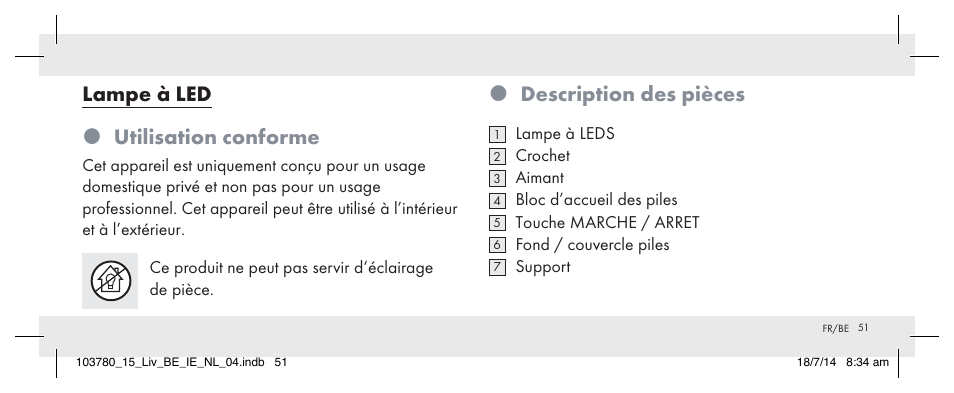 Description des pièces, Lampe à led  utilisation conforme | Livarno 103780-14-01 User Manual | Page 51 / 86