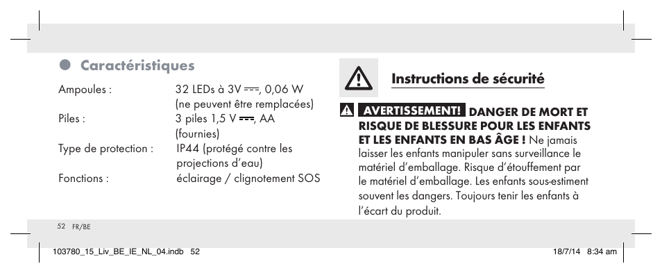 Caractéristiques, Instructions de sécurité | Livarno 103780-14-01 User Manual | Page 52 / 86