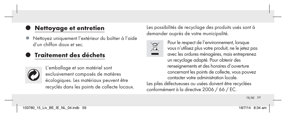Nettoyage et entretien, Traitement des déchets | Livarno 103780-14-01 User Manual | Page 59 / 86