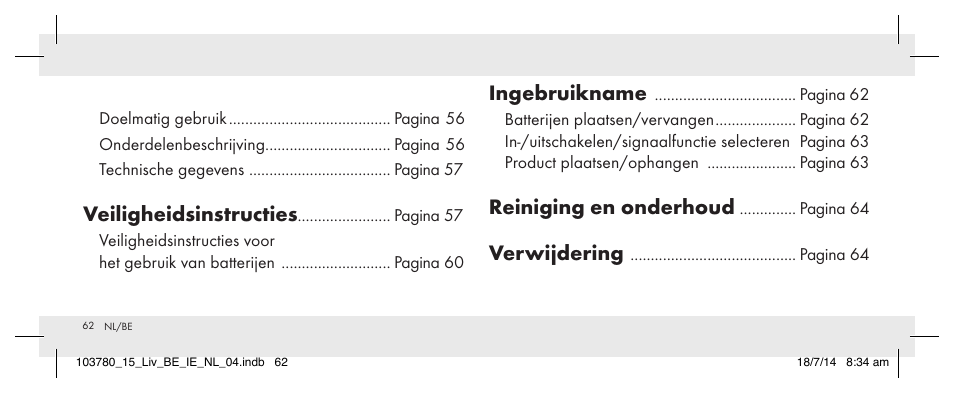 Veiligheidsinstructies, Ingebruikname, Reiniging en onderhoud | Verwijdering | Livarno 103780-14-01 User Manual | Page 62 / 86